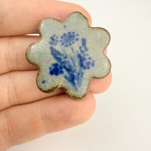 Cottagecore Brooch VINTAGE GreyBlue Enamel Earthenware Terracota Clay Flower Pin